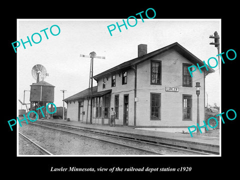 OLD LARGE HISTORIC PHOTO OF LAWLER MINNESOTA, THE RAILROAD DEPOT STATION c1920