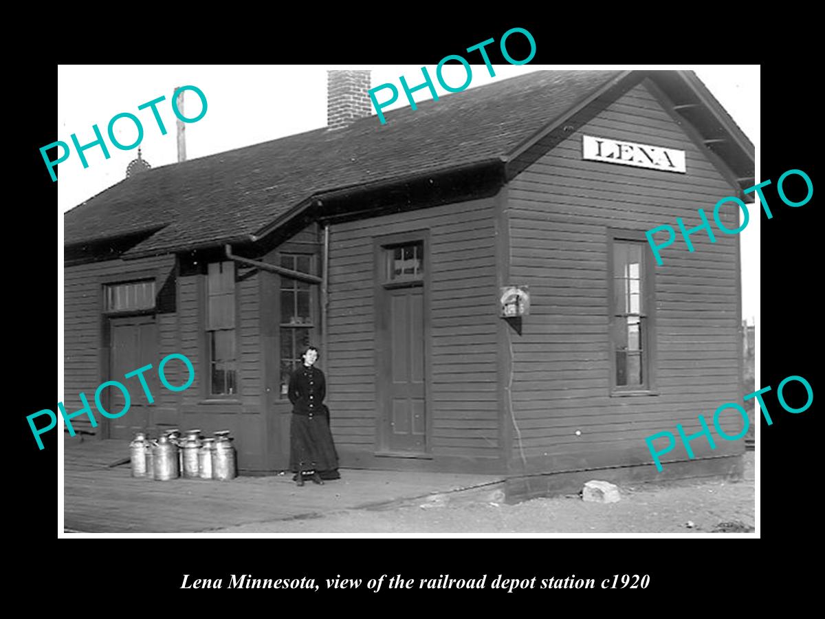 OLD LARGE HISTORIC PHOTO OF LENA MINNESOTA, THE RAILROAD DEPOT STATION c1920