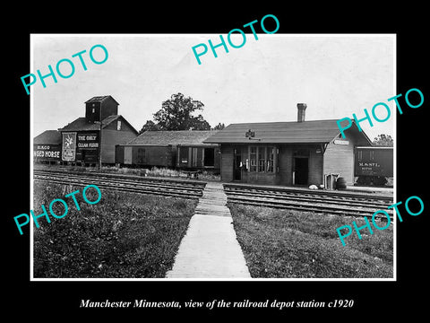 OLD LARGE HISTORIC PHOTO OF MANCHESTER MINNESOTA, RAILROAD DEPOT STATION c1920