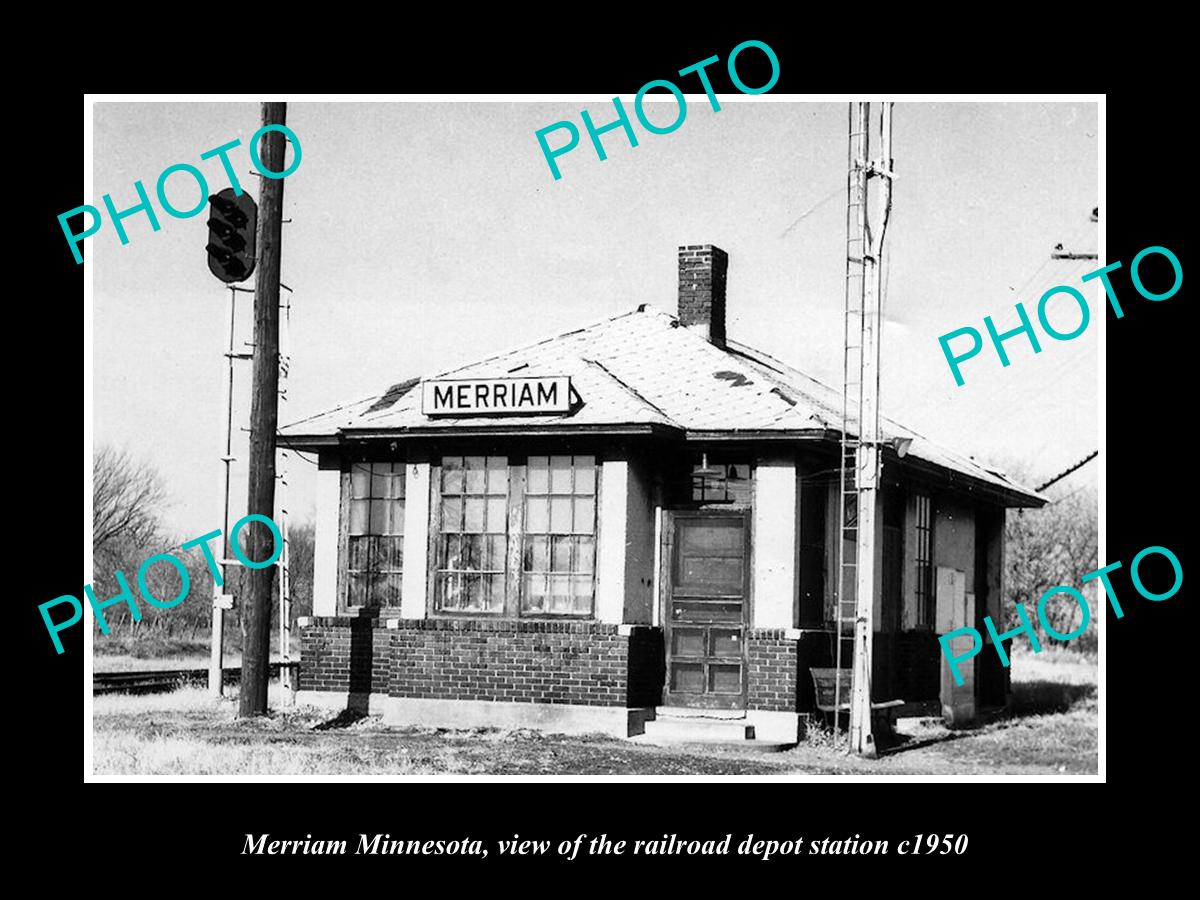 OLD LARGE HISTORIC PHOTO OF MERRIMAN MINNESOTA, THE RAILROAD DEPOT STATION 1950