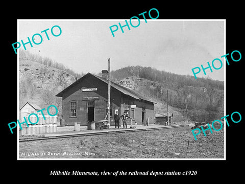 OLD LARGE HISTORIC PHOTO OF MILLVILLE MINNESOTA, THE RAILROAD DEPOT STATION 1920