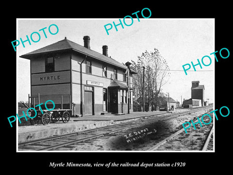 OLD LARGE HISTORIC PHOTO OF MYRTLE MINNESOTA, THE RAILROAD DEPOT STATION c1920