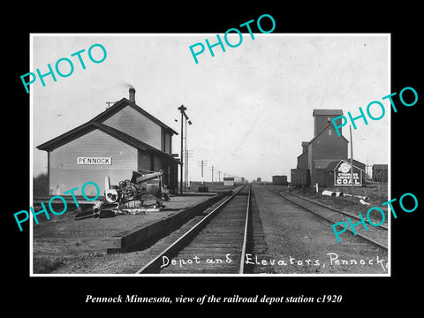 OLD LARGE HISTORIC PHOTO OF PENNOCK MINNESOTA, THE RAILROAD DEPOT STATION c1920