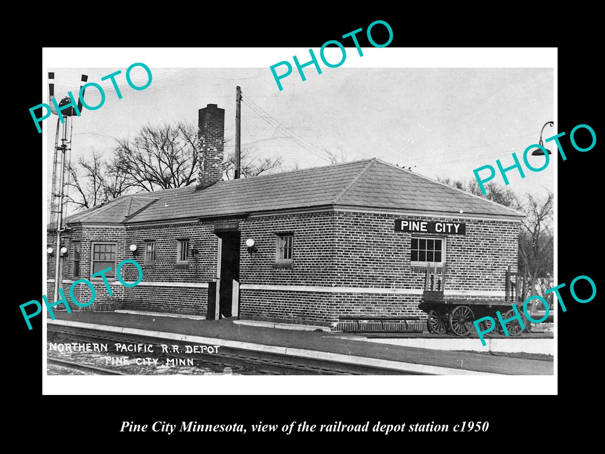 OLD LARGE HISTORIC PHOTO OF PINE CITY MINNESOTA, THE RAILROAD DEPOT STATION 1950