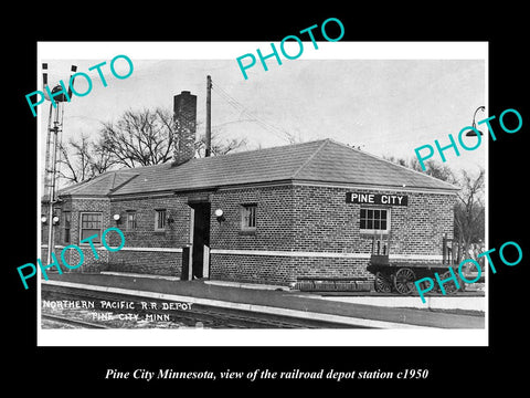 OLD LARGE HISTORIC PHOTO OF PINE CITY MINNESOTA, THE RAILROAD DEPOT STATION 1950