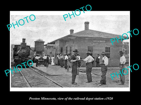 OLD LARGE HISTORIC PHOTO OF PRESTON MINNESOTA, THE RAILROAD DEPOT STATION c1920