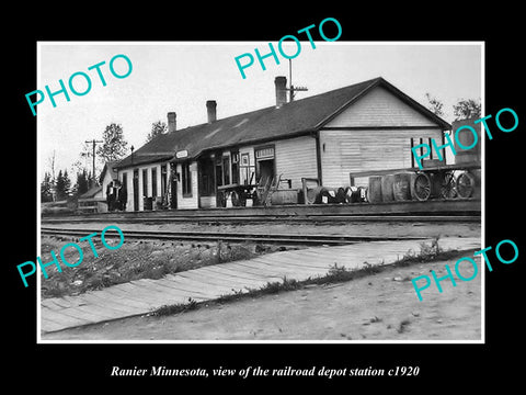 OLD LARGE HISTORIC PHOTO OF RANIER MINNESOTA, THE RAILROAD DEPOT STATION c1920