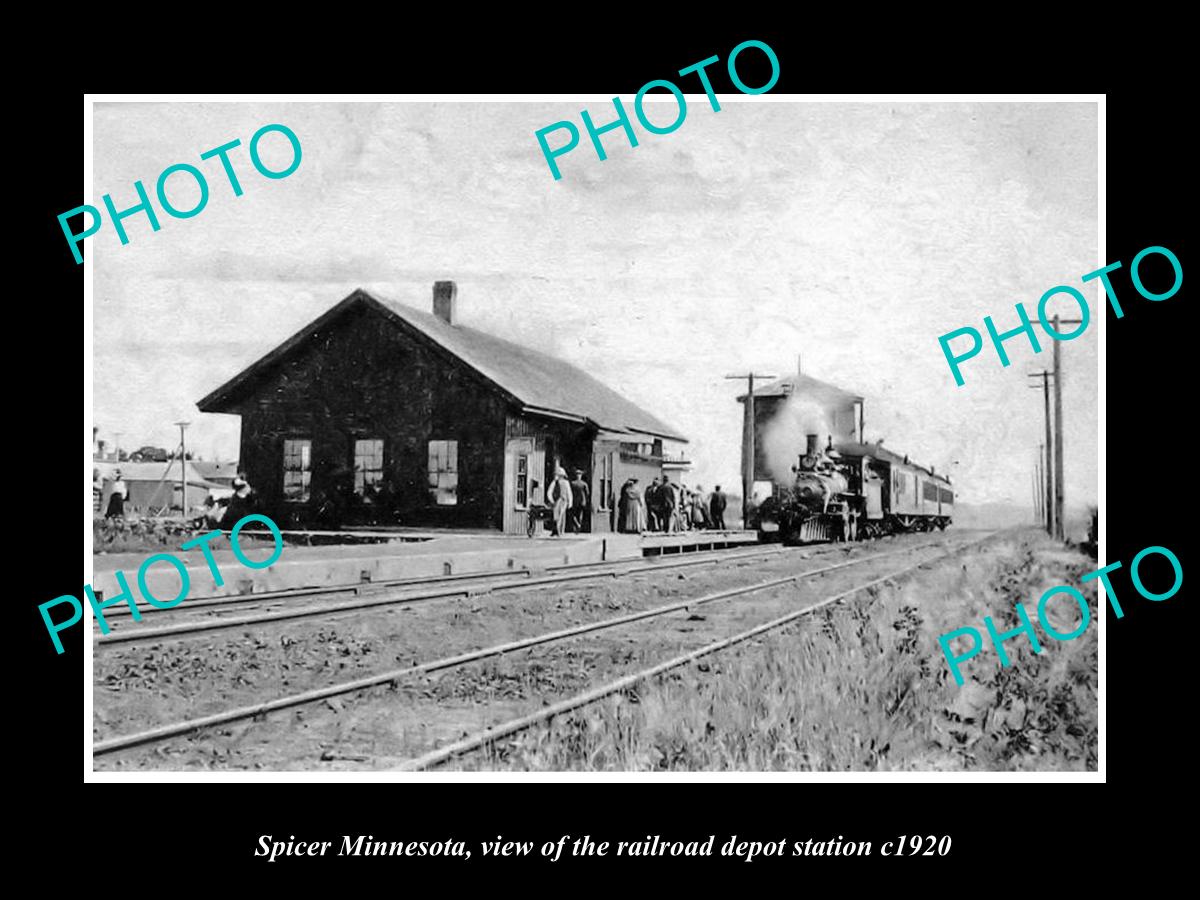 OLD LARGE HISTORIC PHOTO OF SPICER MINNESOTA, THE RAILROAD DEPOT STATION c1920