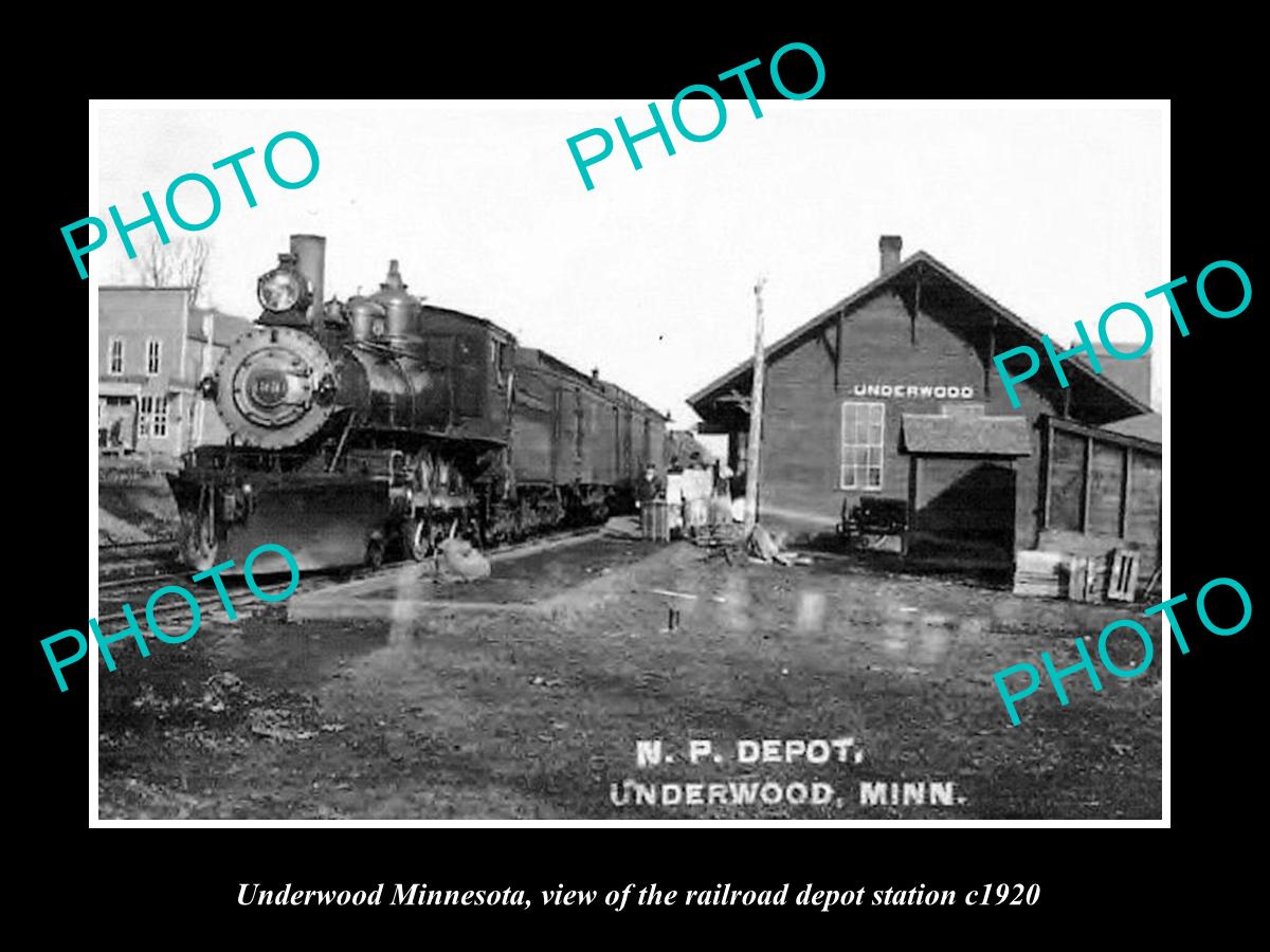 OLD LARGE HISTORIC PHOTO OF UNDERWOOD MINNESOTA, RAILROAD DEPOT STATION c1920