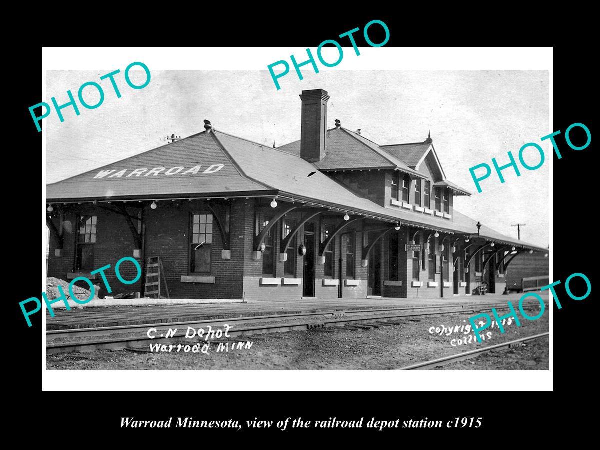 OLD LARGE HISTORIC PHOTO OF WARROAD MINNESOTA, THE RAILROAD DEPOT STATION c1915