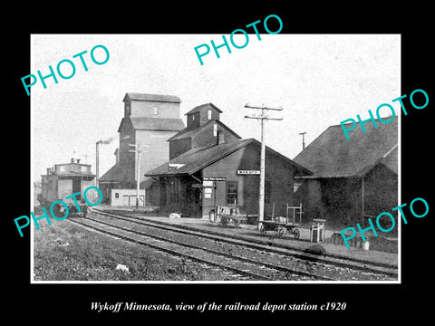 OLD LARGE HISTORIC PHOTO OF WYKOFF MINNESOTA, THE RAILROAD DEPOT STATION c1920