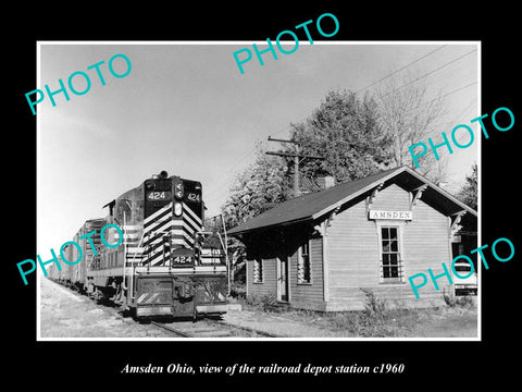 OLD LARGE HISTORIC PHOTO OF AMSDEN OHIO, THE RAILROAD DEPOT STATION c1960