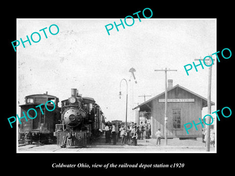 OLD LARGE HISTORIC PHOTO OF COLDWATER OHIO, THE RAILROAD DEPOT STATION c1920