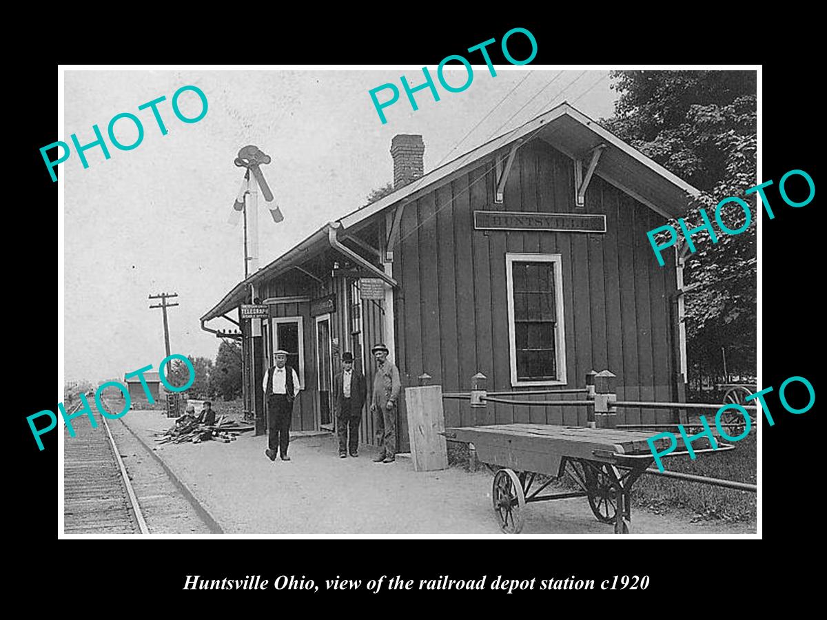 OLD LARGE HISTORIC PHOTO OF HUNTSVILLE OHIO, THE RAILROAD DEPOT STATION c1920