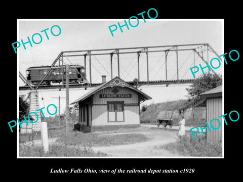 OLD LARGE HISTORIC PHOTO OF LUDLOW FALLS OHIO, THE RAILROAD DEPOT STATION c1920