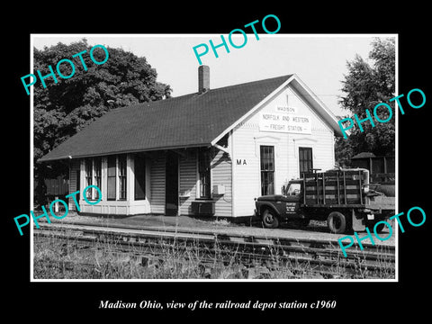 OLD LARGE HISTORIC PHOTO OF MADISON OHIO, THE RAILROAD DEPOT STATION c1960