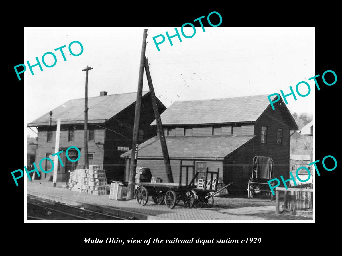 OLD LARGE HISTORIC PHOTO OF MALTA OHIO, THE RAILROAD DEPOT STATION c1920