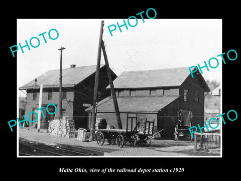 OLD LARGE HISTORIC PHOTO OF MALTA OHIO, THE RAILROAD DEPOT STATION c1920