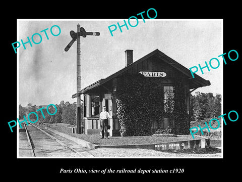 OLD LARGE HISTORIC PHOTO OF PARIS OHIO, THE RAILROAD DEPOT STATION c1920