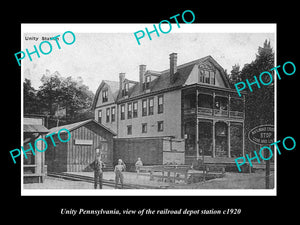 OLD LARGE HISTORIC PHOTO OF UNITY PENNSYLVANIA, THE RAILROAD STATION c1920