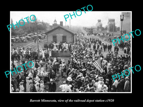 OLD LARGE HISTORIC PHOTO OF BARRETT MINNESOTA, THE RAILROAD DEPOT STATION c1920