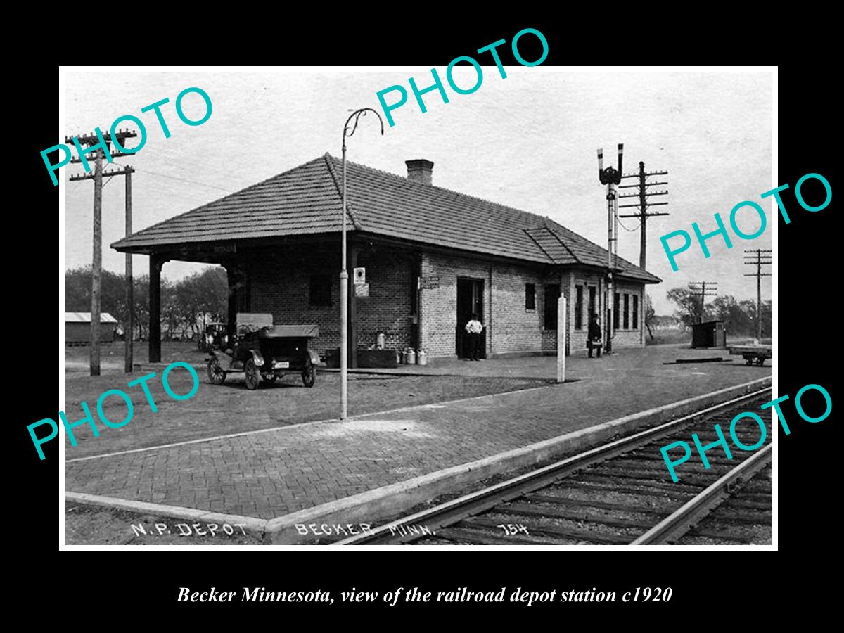 OLD LARGE HISTORIC PHOTO OF BECKER MINNESOTA, THE RAILROAD DEPOT STATION c1920