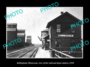 OLD LARGE HISTORIC PHOTO OF BELLINGHAM MINNESOTA, RAILROAD DEPOT STATION c1920