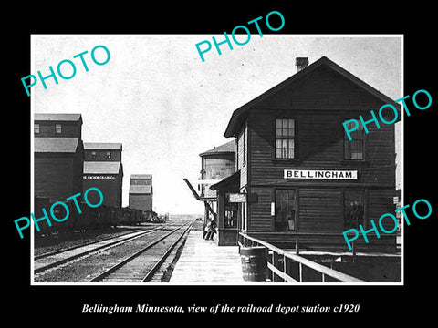 OLD LARGE HISTORIC PHOTO OF BELLINGHAM MINNESOTA, RAILROAD DEPOT STATION c1920