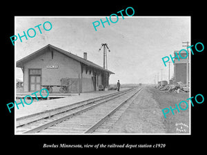 OLD LARGE HISTORIC PHOTO OF BOWLUS MINNESOTA, THE RAILROAD DEPOT STATION c1920