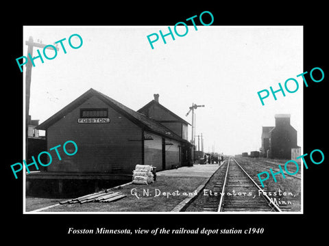 OLD LARGE HISTORIC PHOTO OF FOSSTON MINNESOTA, THE RAILROAD DEPOT STATION c1940