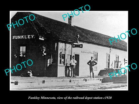 OLD LARGE HISTORIC PHOTO OF FUNKLEY MINNESOTA, THE RAILROAD DEPOT STATION c1920