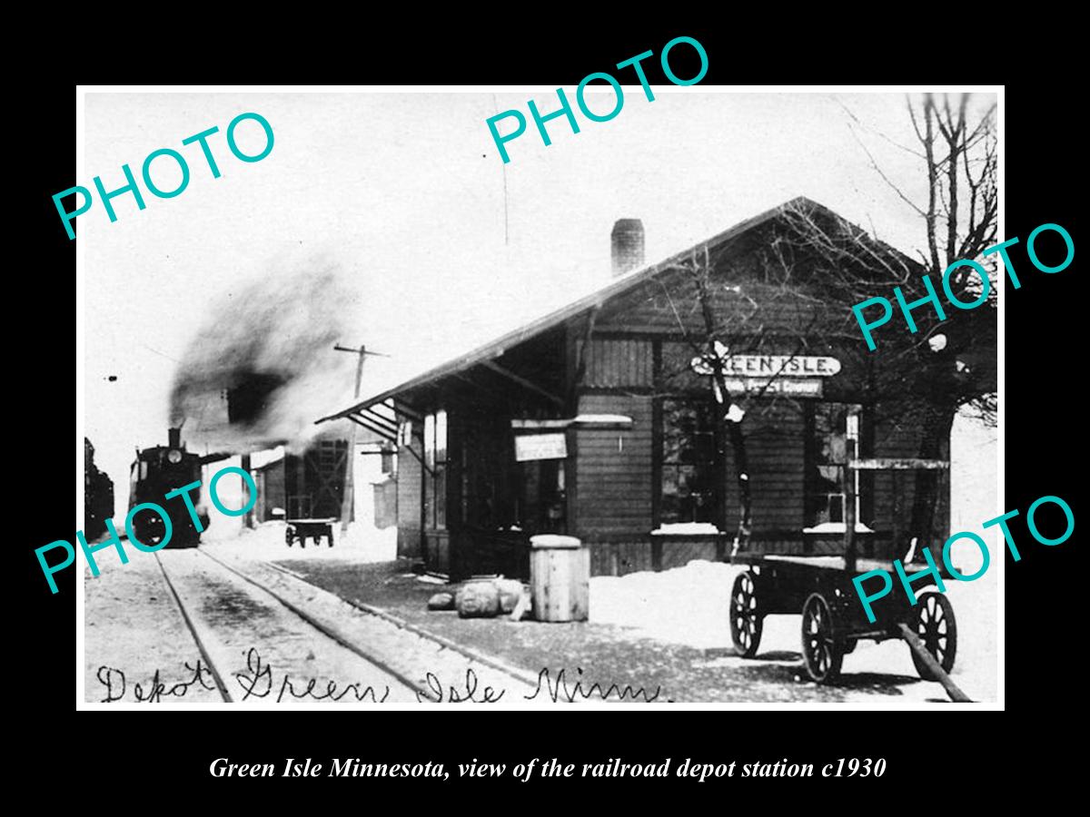 OLD LARGE HISTORIC PHOTO OF GREEN ISLE MINNESOTA, RAILROAD DEPOT STATION c1930