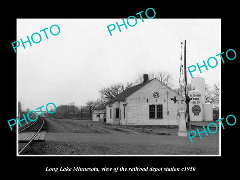 OLD LARGE HISTORIC PHOTO OF LONG LAKE MINNESOTA, RAILROAD DEPOT STATION c1950