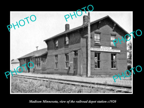 OLD LARGE HISTORIC PHOTO OF MADISON MINNESOTA, THE RAILROAD DEPOT STATION c1920