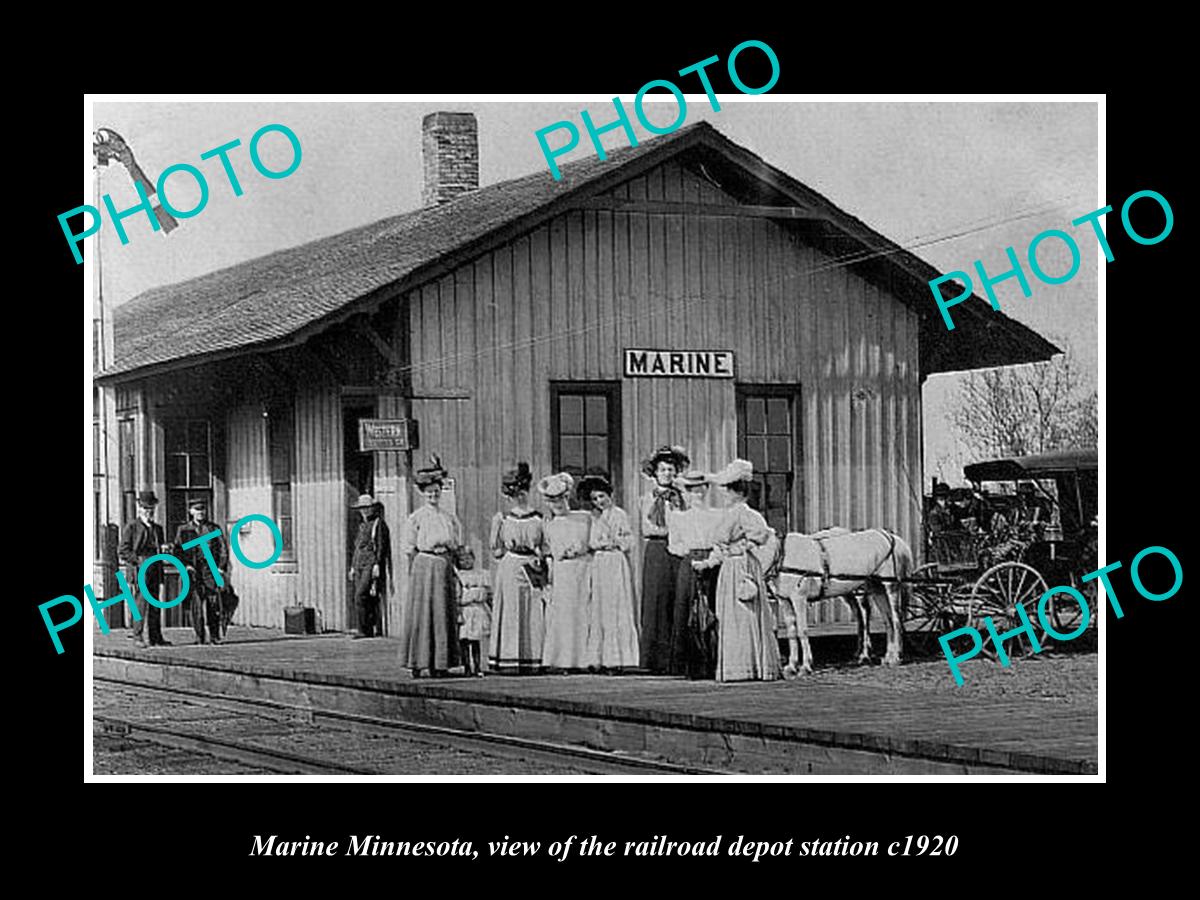 OLD LARGE HISTORIC PHOTO OF MARINE MINNESOTA, THE RAILROAD DEPOT STATION c1920