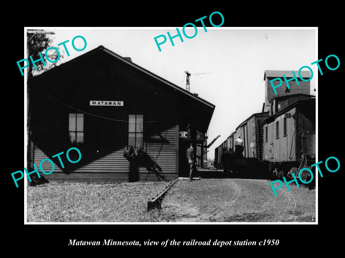 OLD LARGE HISTORIC PHOTO OF MATAWAN MINNESOTA, THE RAILROAD DEPOT STATION c1950