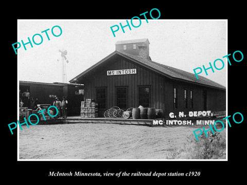 OLD LARGE HISTORIC PHOTO OF McINTOSH MINNESOTA, THE RAILROAD DEPOT STATION c1920