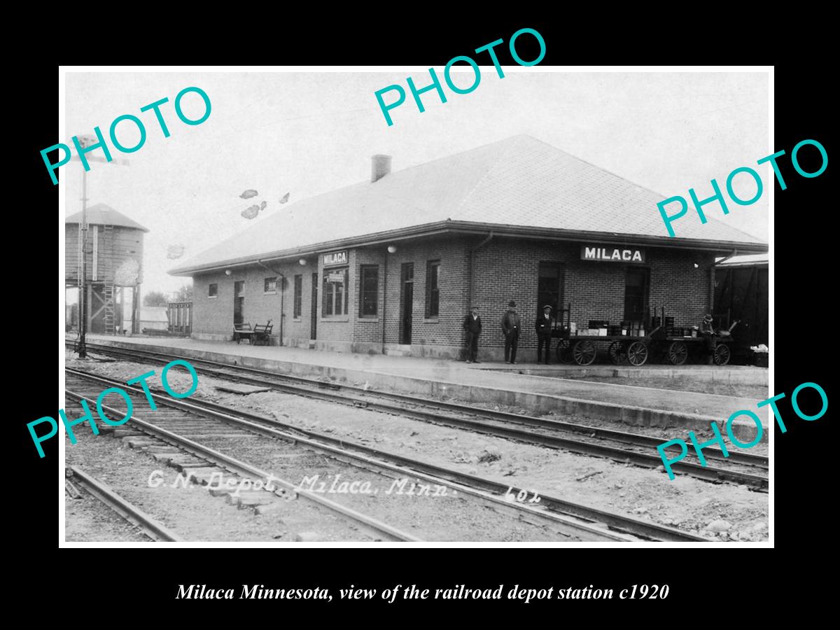 OLD LARGE HISTORIC PHOTO OF MILACA MINNESOTA, THE RAILROAD DEPOT STATION c1920