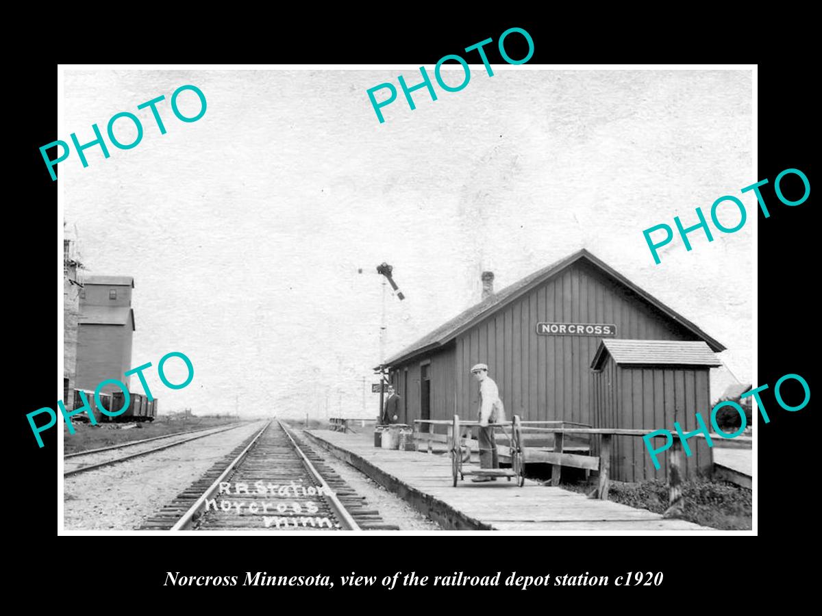 OLD LARGE HISTORIC PHOTO OF NORCROSS MINNESOTA, THE RAILROAD DEPOT STATION c1920