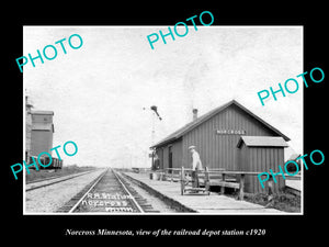 OLD LARGE HISTORIC PHOTO OF NORCROSS MINNESOTA, THE RAILROAD DEPOT STATION c1920