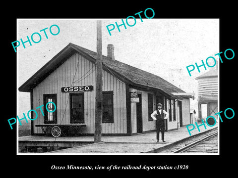 OLD LARGE HISTORIC PHOTO OF OSSEO MINNESOTA, THE RAILROAD DEPOT STATION c1920