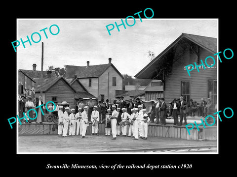 OLD LARGE HISTORIC PHOTO OF SWANVILLE MINNESOTA, THE RAILROAD DEPOT STATION 1920