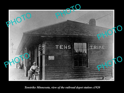 OLD LARGE HISTORIC PHOTO OF TENSTRIKE MINNESOTA, THE RAILROAD DEPOT STATION 1920