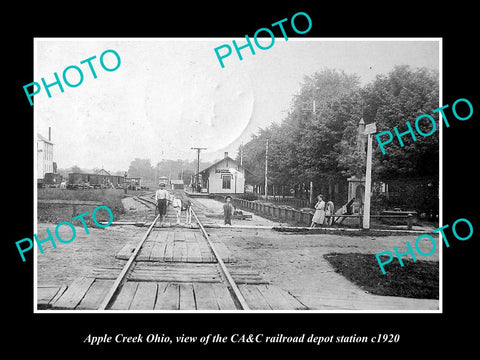 OLD LARGE HISTORIC PHOTO OF APPLE CREEK OHIO, THE RAILROAD DEPOT STATION c1920