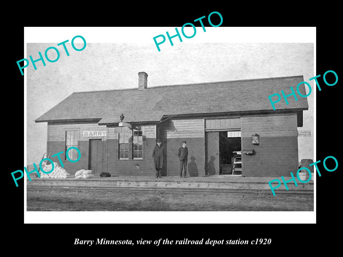 OLD LARGE HISTORIC PHOTO OF BARRY MINNESOTA, THE RAILROAD DEPOT STATION c1920