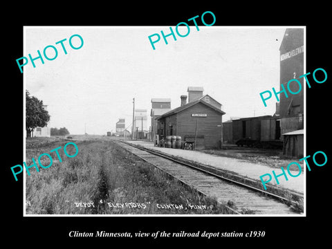 OLD LARGE HISTORIC PHOTO OF CLINTON MINNESOTA, THE RAILROAD DEPOT STATION c1930