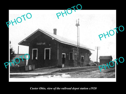 OLD LARGE HISTORIC PHOTO OF CUSTER OHIO, THE RAILROAD DEPOT STATION c1920
