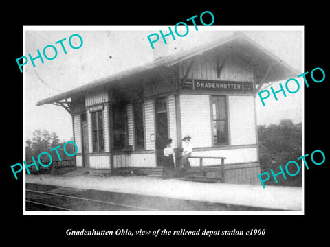 OLD LARGE HISTORIC PHOTO OF GNADENHUTTEN OHIO, THE RAILROAD DEPOT STATION c1900