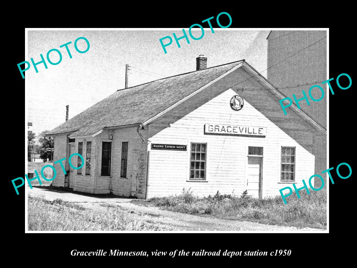 OLD LARGE HISTORIC PHOTO OF GRACEVILLE MINNESOTA RAILROAD DEPOT STATION c1950