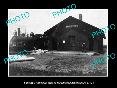 OLD LARGE HISTORIC PHOTO OF LANSING MINNESOTA, THE RAILROAD DEPOT STATION c1920